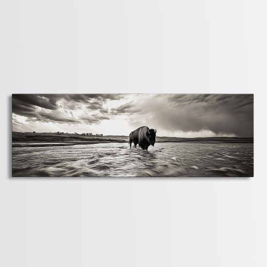 Bison River, Prairie Storm, American West, Framed Canvas Print, Rustic Nature Art, Fall Living Room Decor, Wildlife Photography
