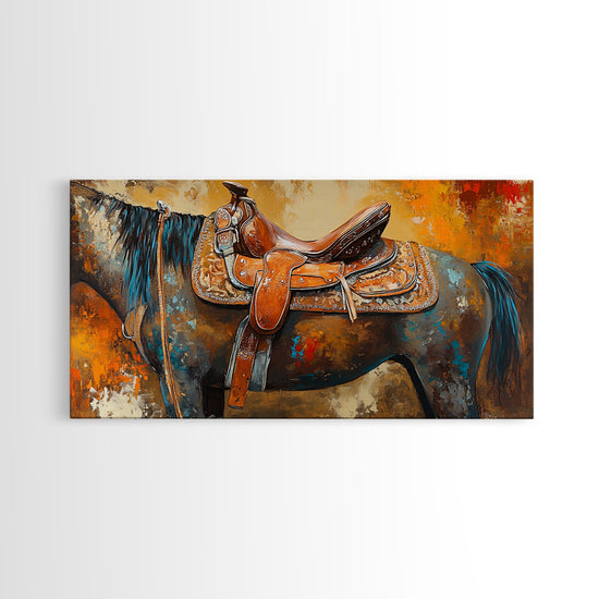Western Saddle Art, Canvas Print, Rustic Decor, Moody Art, Southwest Wall Art, Extra Wide Art, Above Bed Wall Art, Farmhouse Wall Art