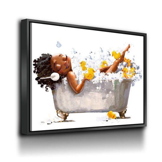 African American Woman In Bathtub With Headphones Canvas Wall Art, African Girl In Tub With Yellow Ducks