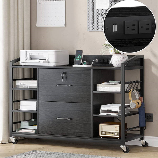 Black Printer Stand Bookcase Power Station Mobile Office File Cabinet